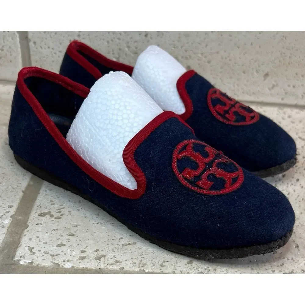 TORY BURCH Navy Blue Billy Logo Wool felt slippers Slip on Loafers Women's Sz 5
